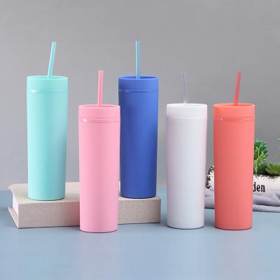 China 16oz Matte Macarons Colored Acrylic Skinny Tumbler Double Walled Reusable Cup Folder Office Home Plastic Cups Viable for sale