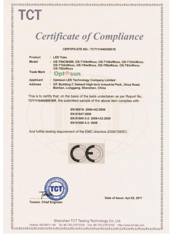 Certificate of Compliance (CE-EMC) - Optosun LED Technology Company Limited