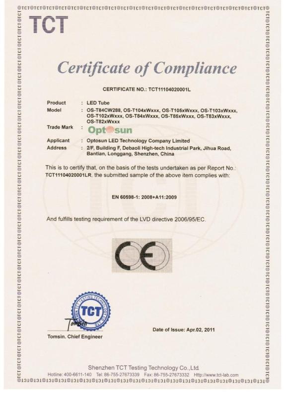 Certificate of Compliance (CE-LVD) - Optosun LED Technology Company Limited