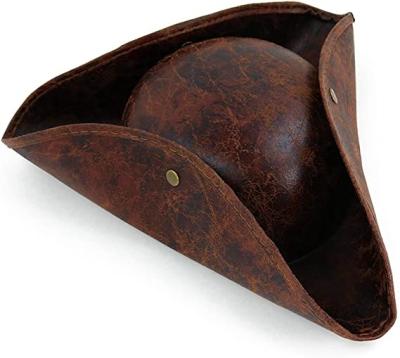 China Cozy Faux Leather Pirate Hat Brown Distressed Leather Colonial Style Tricorn Hat for sale