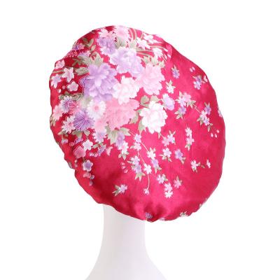 China Eco-Friendly Hood Soft Hat Hair Sleep Night Cover Head Satin Fit Wide Designer Elastic Band Flower Bonnets K1687 for sale