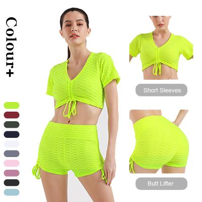 China Breathable Women Casual Sport Fitness Shorts Gym Yoga Set Workout Drawstring Crop Top Two Piece Shorts Yoga Wear Set for sale