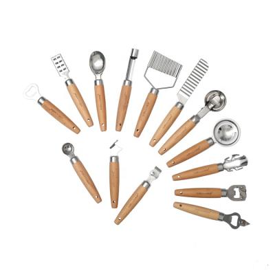 China 14pcs Traditional Essential Cooking Stainless Steel Cooking Tools Wooden Handle Kitchen Cookware Set for sale