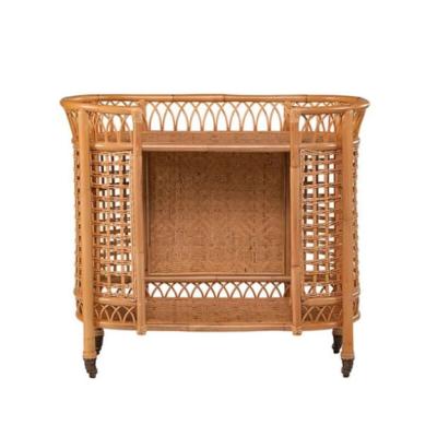 China New Modern Design Outdoor Bar Cart Hotel Dining Cart Restaurant Service Car Pure Hand - Woven Rattan Natural Wicker Drinks Cart for sale