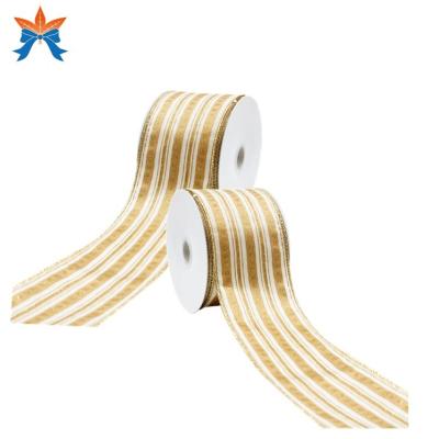 China White Cable Satin With Gold Stripe Cabled Polyester Ribbon for sale