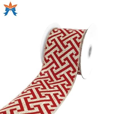 China Tan Faux Cable Jute with Christmas Red Geometric Cable Ribbon for sale