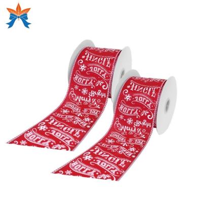 China Red Cable Satin with White Merry Christmas Cabled Linen Ribbon for sale