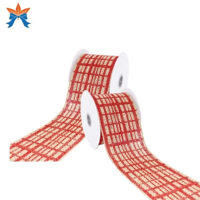 China Natural Cable Jute with Red Plaid Cabled Burlap Ribbon Roll for sale