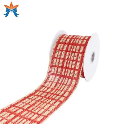 China Cable Autumn Natural with Red Plaid Cabled Burlap Checker Ribbon for sale