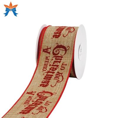 China Cable Jute Tan Faux Jute With Red Merry X'Mas Wired Ribbons In Roll for sale