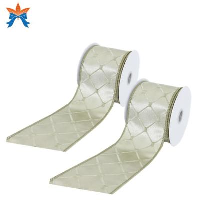 China Wired Moss Green Jacquard Rhombus Cheap Wired Ribbon for sale