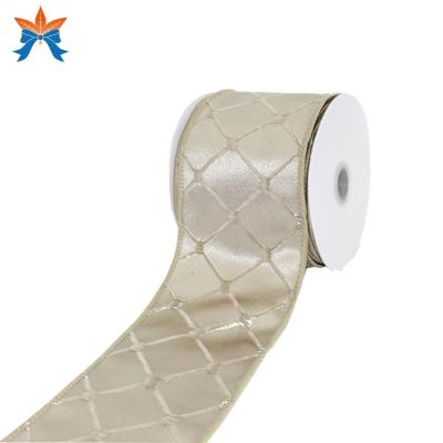 China Tin Jacquard Rhombus Wired Satin Cable Ribbon for sale