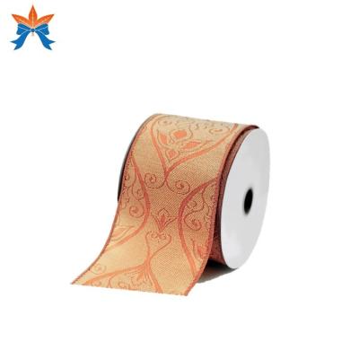 China Tan Jacquard Damask Wired Satin Cable Ribbon for sale