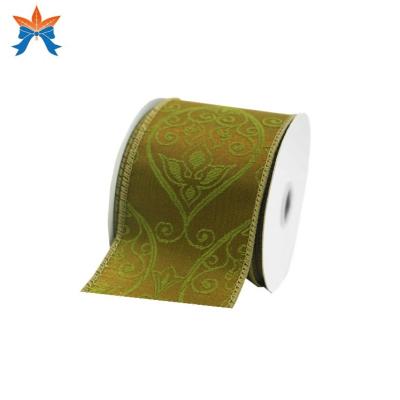 China Famous Brand Moss Green Jacquard Damask Wired Wired Ribbon for sale