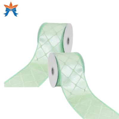 China Cable Easter&ST. Patrick Mint Green Jacquard Rhombus Wired Ribbon Roll for sale