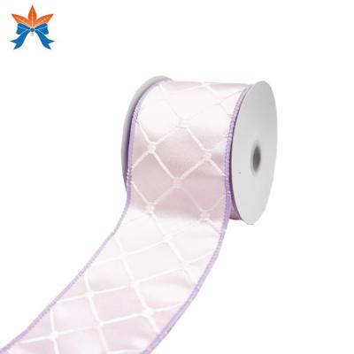 China Cable Easter&ST. Patrick Light Purple Jacquard Rhombus Wired Satin Ribbon for sale