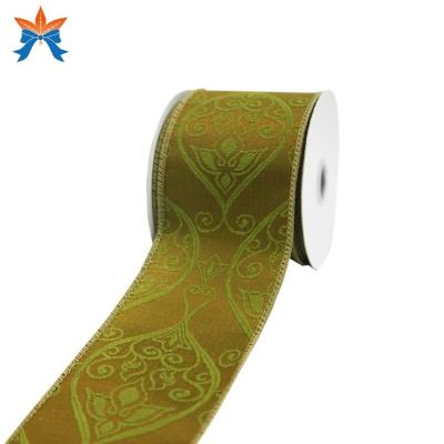 China Cable Easter&ST. Patrick Moss Green Jacquard Damask Wired Famous Brand Ribbon for sale