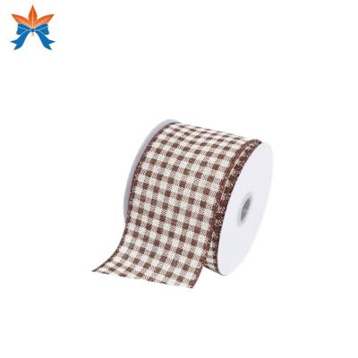 China Wired Autumn Canvas with Brown Plaid Wired Ribbon for Gift Wrap for sale