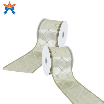 China Wired Baby Shower and Wedding New Moss Green Jacquard Rhombus Wired Christmas Ribbon for sale