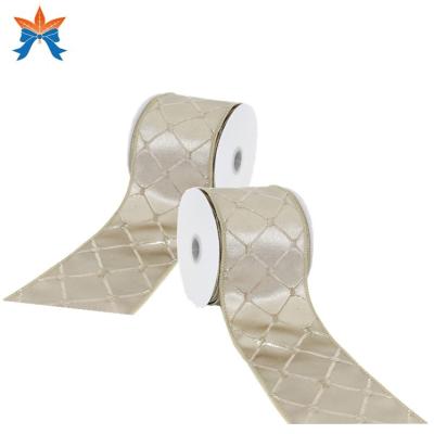 China Cable Baby Shower and Wedding Tin Jacquard Rhombus Wired Ribbon for Gift Wrap for sale