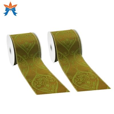 China Baby Shower and Wedding Moss Green Jacquard Damask Wired Cable Ribbon for Gift Wrap for sale