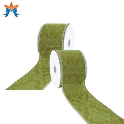 China Baby Shower and Wedding Moss Green Jacquard Damask Wired Sparkly Ribbons for sale