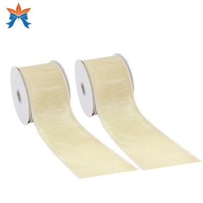 China Ivory Baby Shower And Wedding Jacquard Cable Swirl Wired Christmas Ribbons Gold for sale