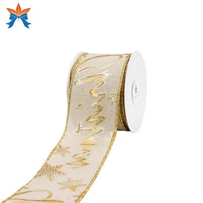 China Ivory Cotton Cable Linen With Fancy Gold Merry Christmas Cable Ribbon for sale