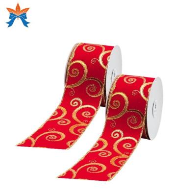 China Red Cable Velvet With Gold Swirl Wired Cable Ribbon Luxury for sale