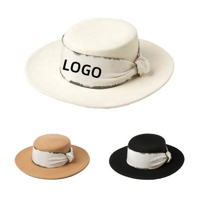 China Retro British Style Character Flat Brim Ribbon Flat Top Men's And Women's Gentleman's Hat Black Spring And Autumn Large Flat Brim Woolen Warm Hat for sale