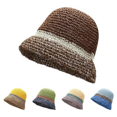 China Barred 2022 new trend high quality colorful fashionable knitted bucket hats for women outdoor natural shade empty t top straw hats for sale