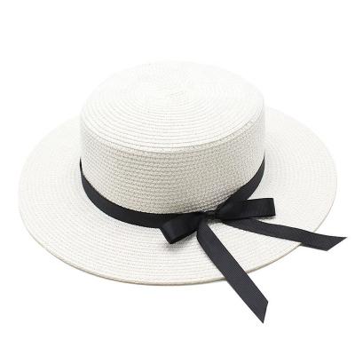 China 2022 wholesale striped sombrero ribbon with bow straw hat leisure sunscreen summer beach vacation paper flat top straw hats for women for sale