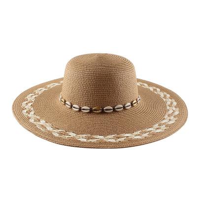 China Wholesale 2022 Striped Customized Paper Straw Hats For Women Sun Hats With Conch Rope Beach Sunscreen Decorative Thrower Hat for sale