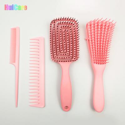 China Premium Quality Blowing Long Hair 4 Pieces Pink Hair Detangling Brush and Comb Set Curly Hair Detangling Set Brush for sale