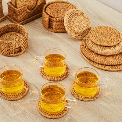 China Home Choice Vietnam Woven Rattan Eco Stocked Coasters With Cases Rattan Cup Holders Eco Friendly for sale