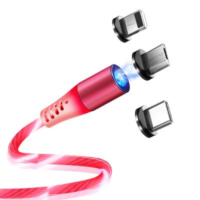 China Free Sample Magnetic USB LED Cable 3 in 1 Rotating Magnetic LED Mobile Phone Glowing Charging Cable with Blue Green Red Color for sale