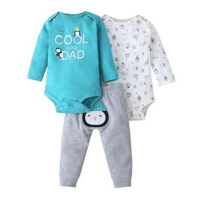 China Casual Hot Sale Autumn Windproof Antarctic Penguin Printed Full Sleeve Rompers 3pcs Matching Unisex Baby Clothing Set for sale