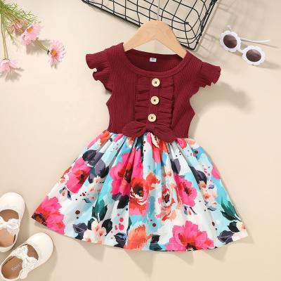 China New Arrival Summer Sale Style Flower Pattern Hot Anti-static Simple Cotton Blended Ruffle Sleeve Dress For Kids Girl for sale