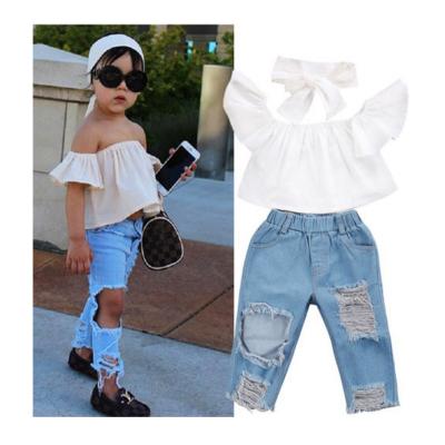 China Hot Sale ENGLAND STYLE England And Shorts American Style Fashion Style Shirt Kids White Girl Ripped Jeans Summer Clothing 2-Piece Set for sale