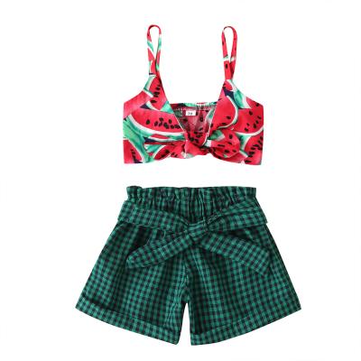 China Pattern with a hot sale summer ENGLAND STYLE newcomer INS summer beach wear sleeveless tops watermelon pattern shorts 2pcs clothing set for sale