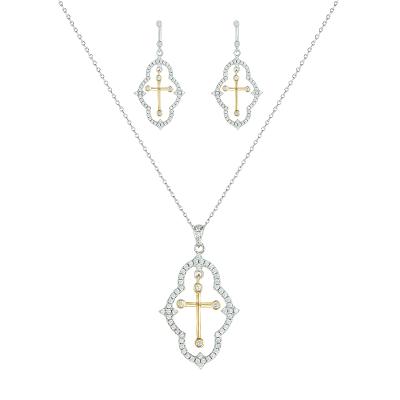 China Christian Cross Pendant Necklace Earrings Religious CLASSIC Set Two Tone Cubic Zircon Cross Jewelry Set for sale