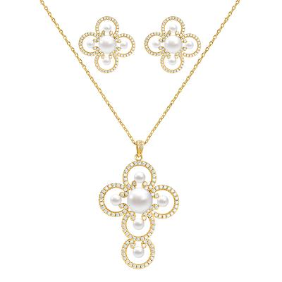 China Factory Price CLASSIC Classic Earrings Cross Necklace Set Gold Color Pearl Zircon Jewelry Set for sale