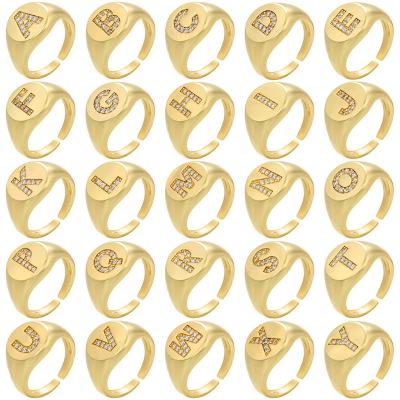 China CLASSIC 18k Gold Plated 26 Alphabet Initial Open Ring Cubic Zircon Letter Band Rings For Women Men for sale