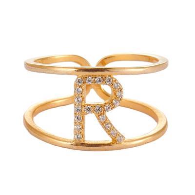 China Europe and America high polished real gold plated 26 alphabets rings micro inlay zircon letter ring for sale