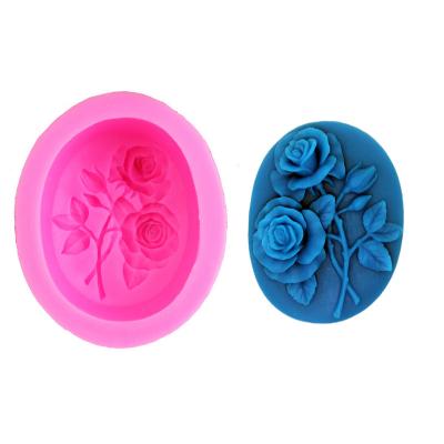 China Small 4 Nice Plant Viable Oval Roses Flower 2 Buds Form Silicone Incense Wax Resin Gypsum Plaster Ornaments Handwork Soap Mold for sale