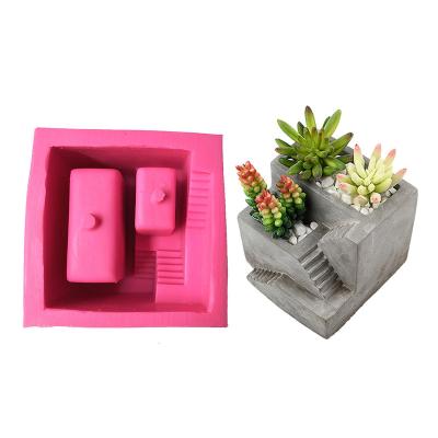 China Durable Yiwu Factory Eco-Friendly Big Cube Two Stairs Form Silicone DIY Home Office Office Flower Pot Concrete Mold for sale