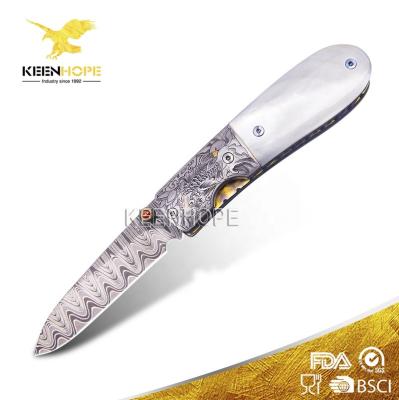 China Viable Luxury Damascus Folding Knife Pocket Knife Hand Engraved Koi Fish Fritillaria Handle Golden Mike Norris Composite Ladder Pattern for sale