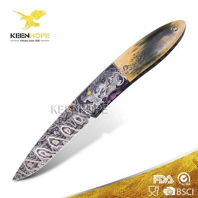 China Golden Flake Stone Handle by Mike Norris Hornets Pattern Hand Engraving Folding Viable Luxury USA Hannya Ghost Inlayed Pocket Knife for sale