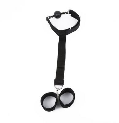 China Adult Slave Sex Toys Sex Game BDSM Restraint Nylon Nylon Handcuffs Neck to Wrist Restraints Kit Behind Back with Neck Collar Open Mouth Ball Gag for sale