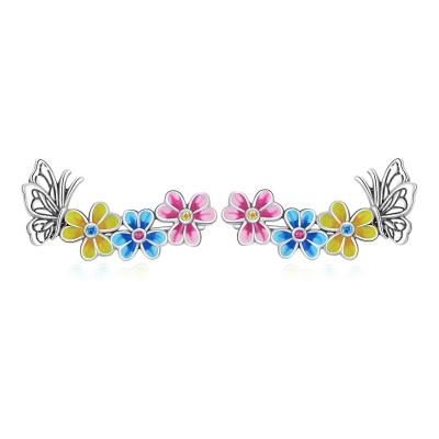 China Popularity 925 Sterling Silver Pink Blue Yellow Insect Butterfly Flowers Stud Earrings For Women Fashion Party Jewelry Gift SCE1393 for sale